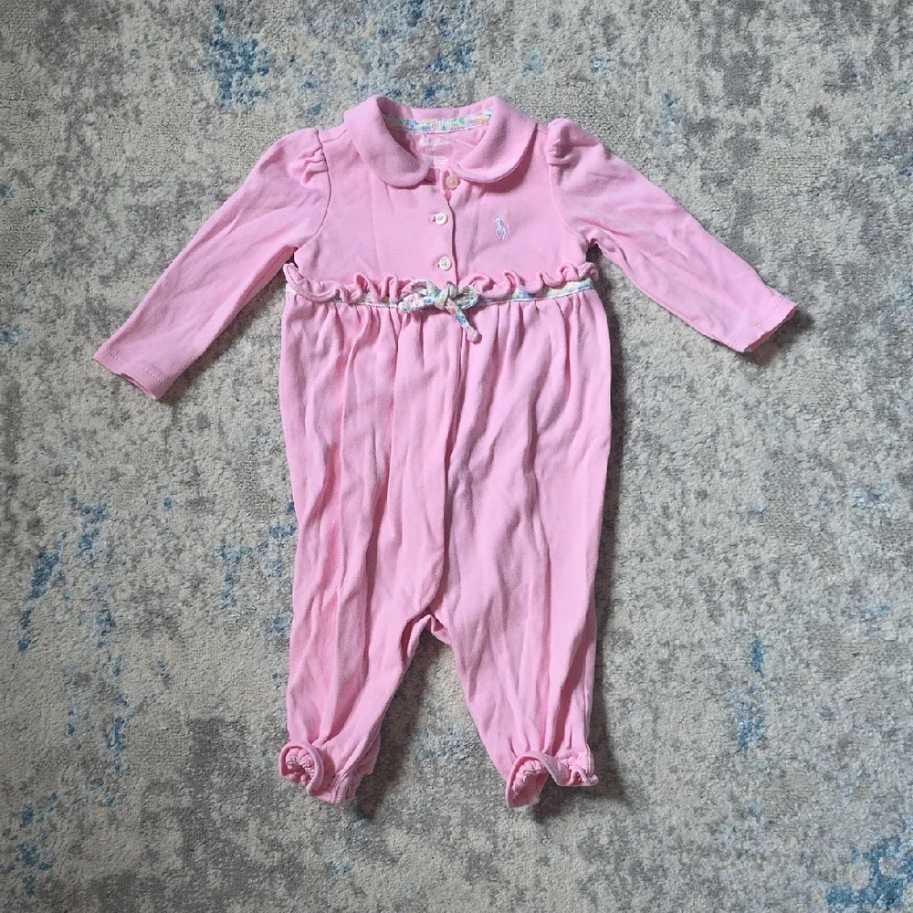 Ralph Lauren 6 Months Pink Tie Waist Ruffle Sleeve Romper Floral Preppy Collared